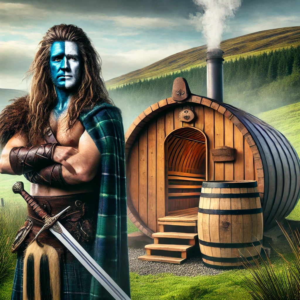 Scottish warrior in front of barrel sauna