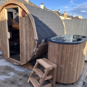 4 person barrel sauna and cold plunge in garden