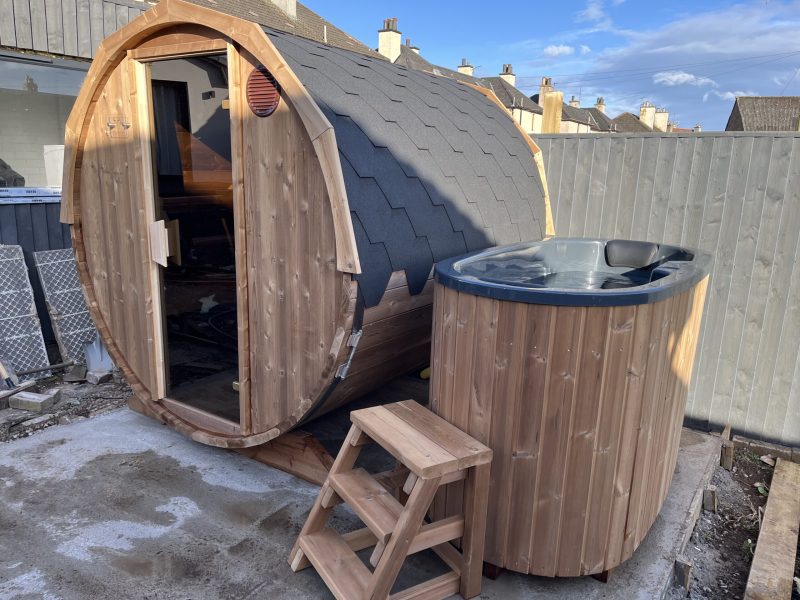 4 person barrel sauna and cold plunge in garden