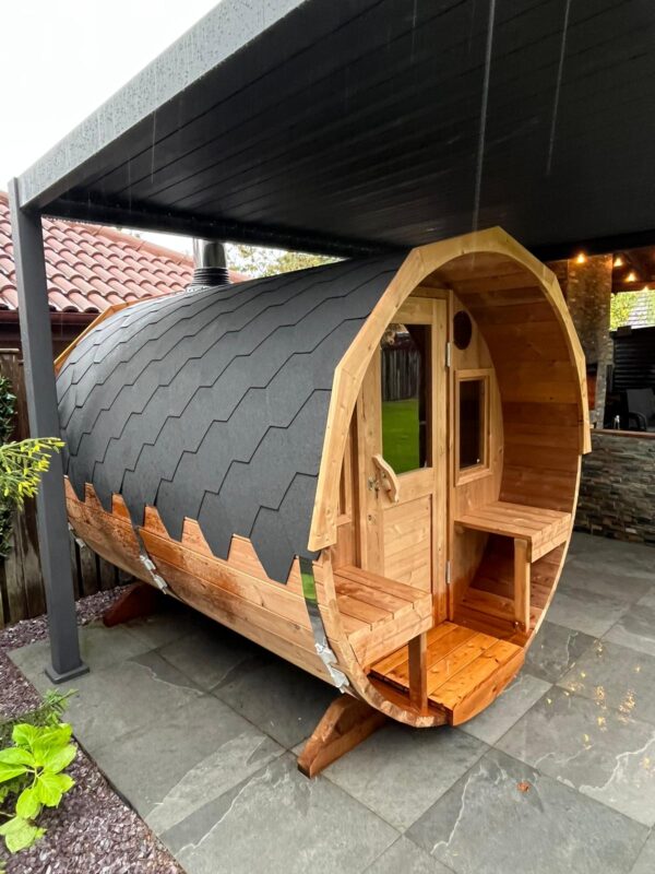 barrel sauna in garden