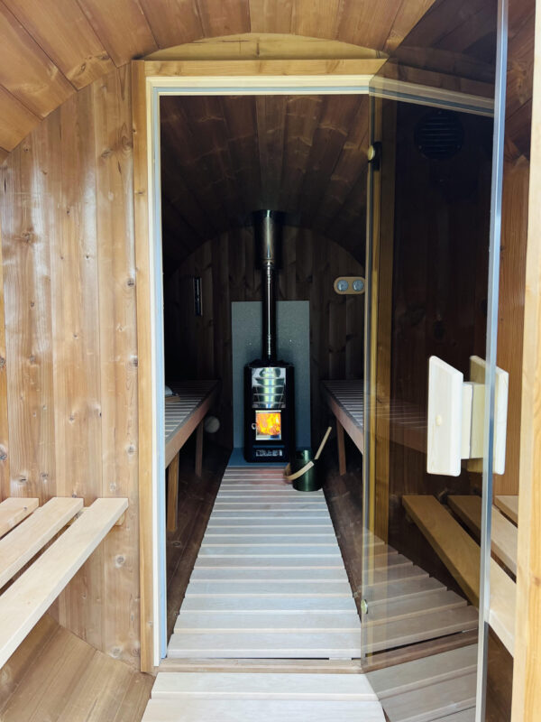 sauna porch with glass front door