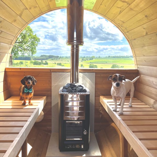 barrel sauna interior with harvia wood burning heater