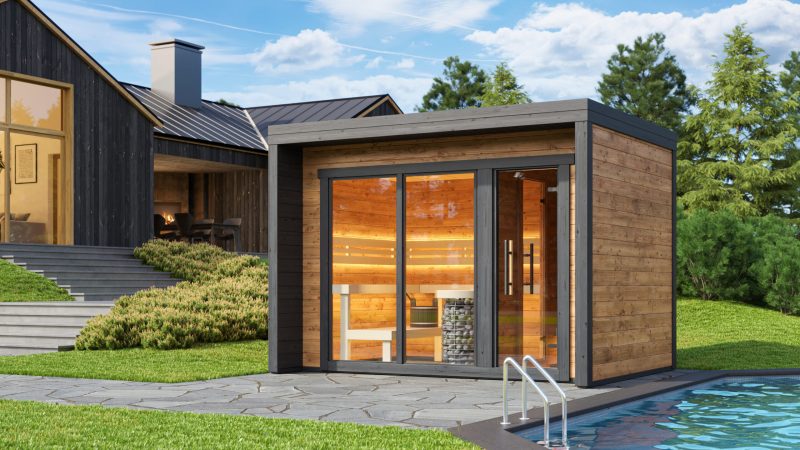 3D render of sauna next to swimming pool