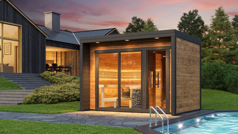 3D render of sauna next to swimming pool