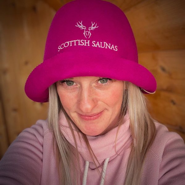 woman wearing sauna hat