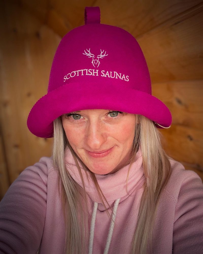 woman wearing sauna hat
