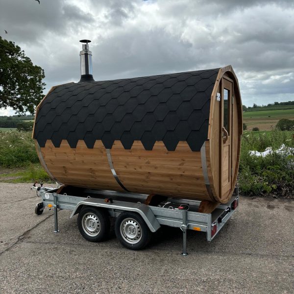 barrel sauna on a trailer
