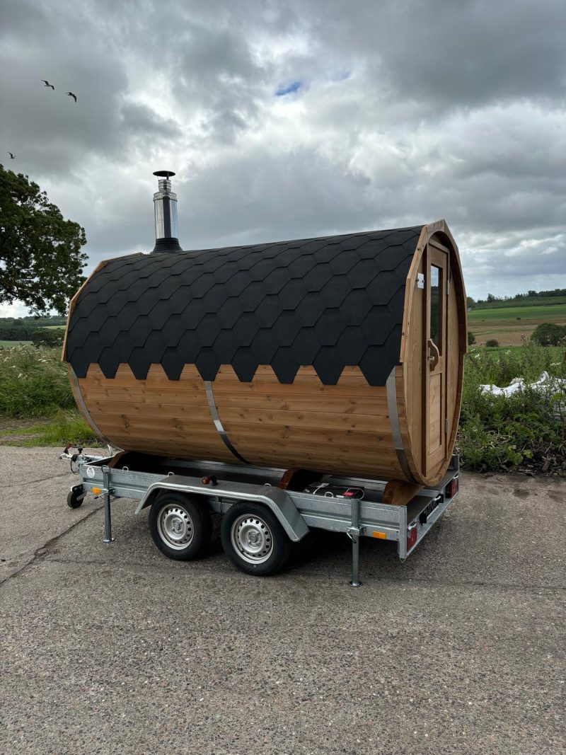 barrel sauna on a trailer