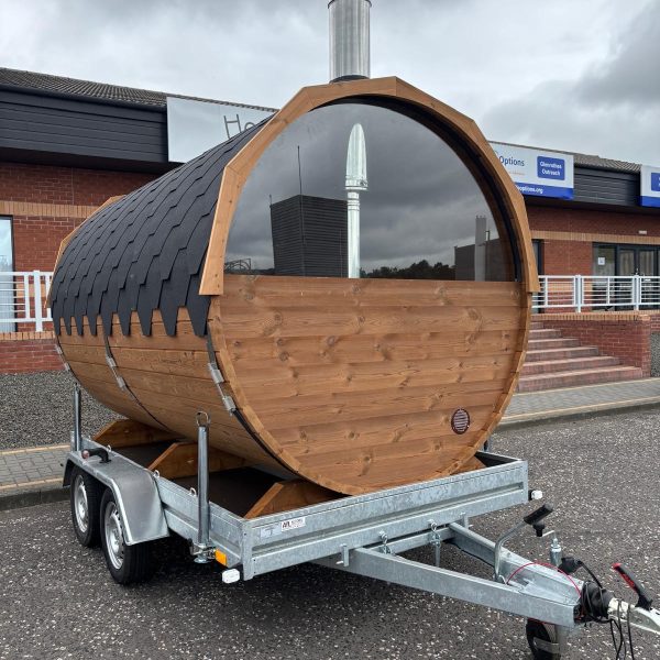 barrel sauna on a trailer