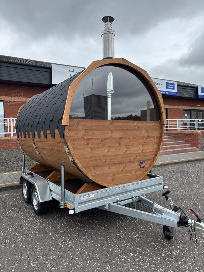 barrel sauna on a trailer