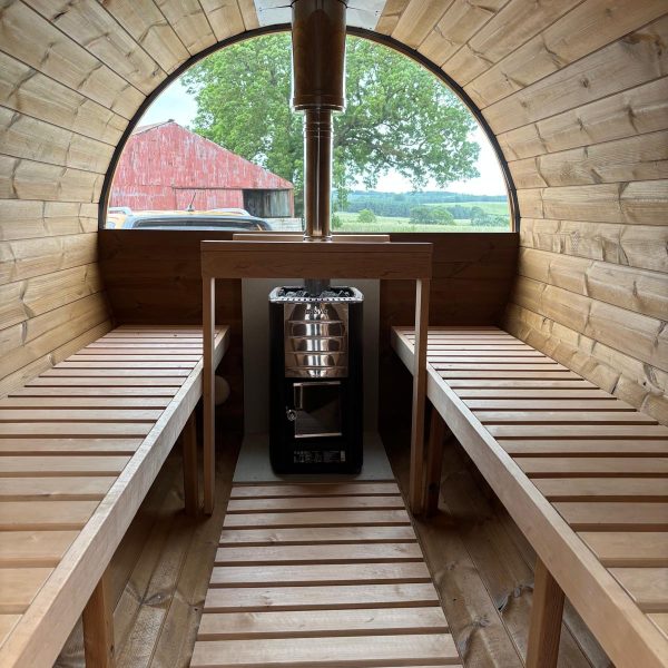 interior of mobile sauna on a trailer