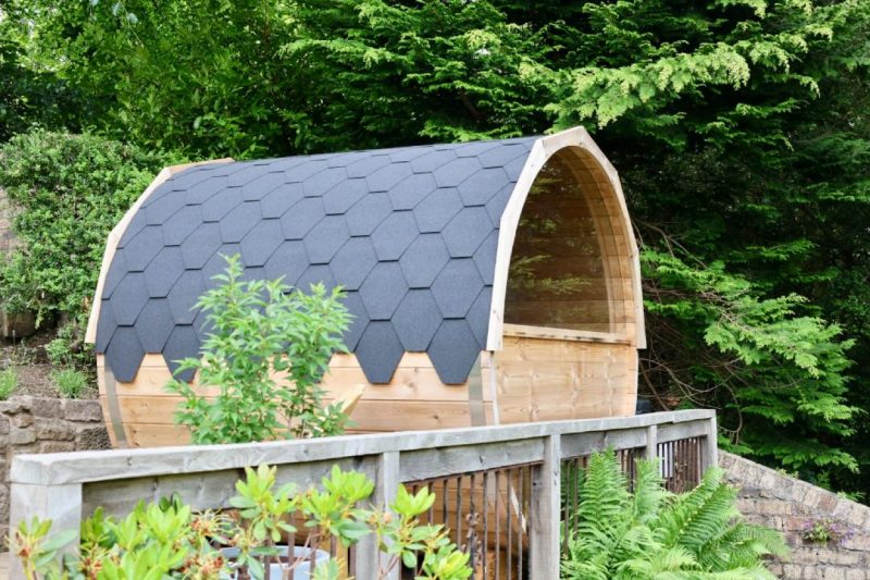 barrel sauna in scottish garden