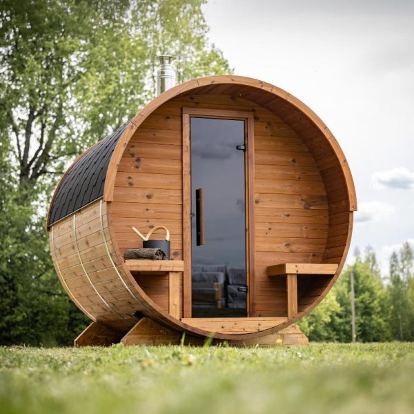 Scottish Saunas PREMIUM Barrel Sauna with Porch Seats (2.2 x 2.6m)