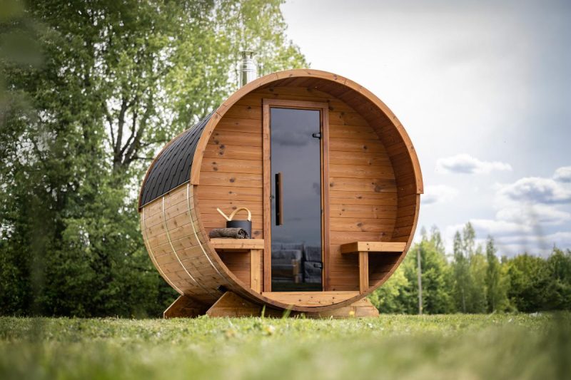Scottish Saunas PREMIUM Barrel Sauna with Porch Seats (2.2 x 2.6m)